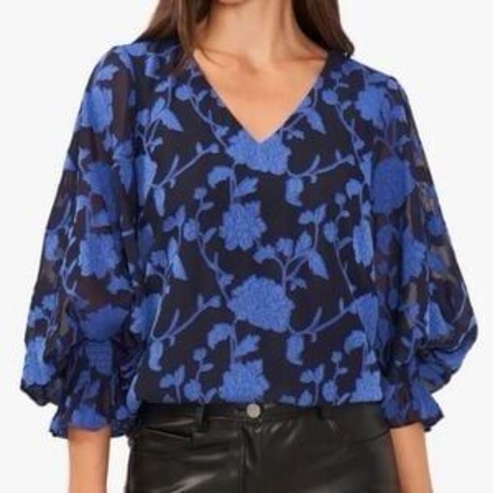Vince Camuto Women's Blue Floral Print V-Neck Balloon Sleeve Blouse